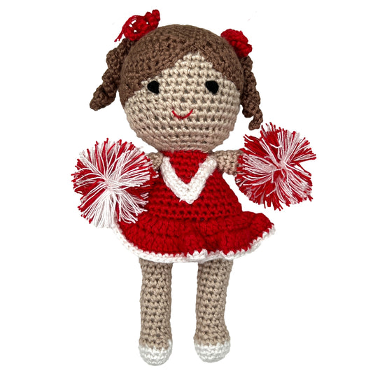 Cheerleader Bamboo Crochet Rattle- Red/White
