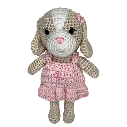 Pink Dog Bamboo Crochet Rattle