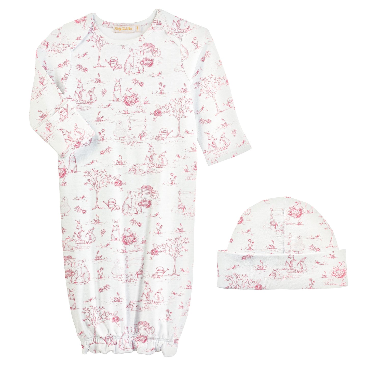 Pink Toile Bunnies Gown & Hat Set