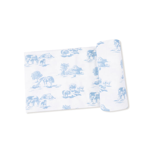 Farm Toile Swaddle Blanket- Blue