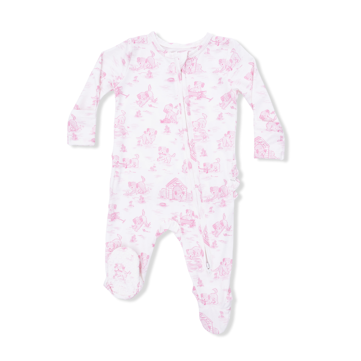 Puppy Toile Pink Ruffle Zipper Footie