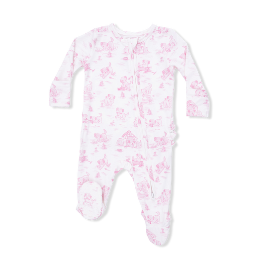Puppy Toile Pink Ruffle Zipper Footie
